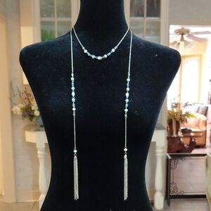 Chic Silver and Blue Tassel Necklace. Some moonstone beads,some not. Fashion ...